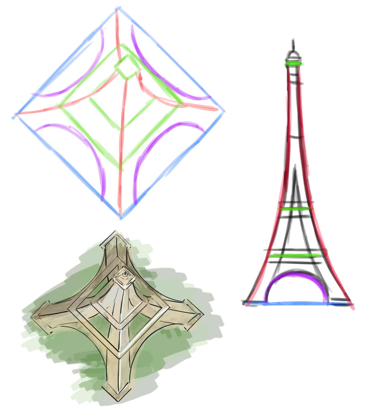 croquis de la Tour Eiffel en vue du dessus