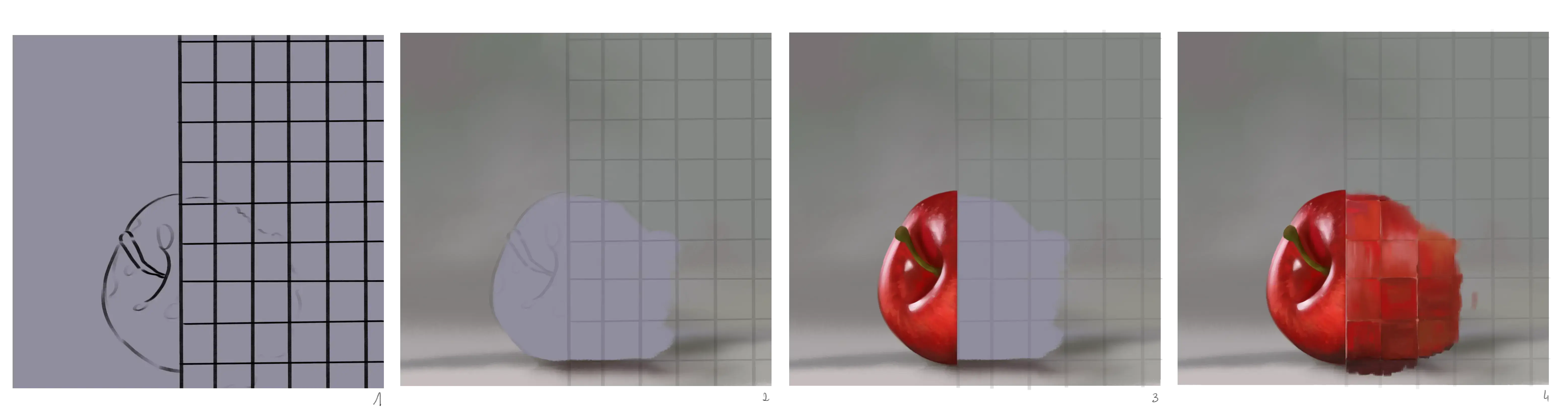 croquis d’une pomme derrière une paroi transparente