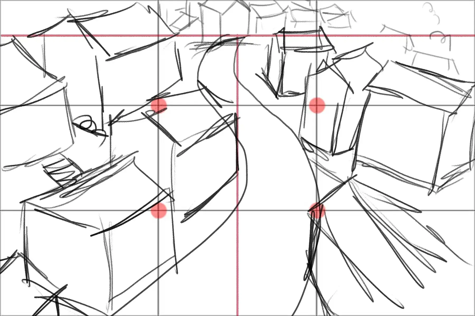 dessiner les maisons d’un village en arrière plan