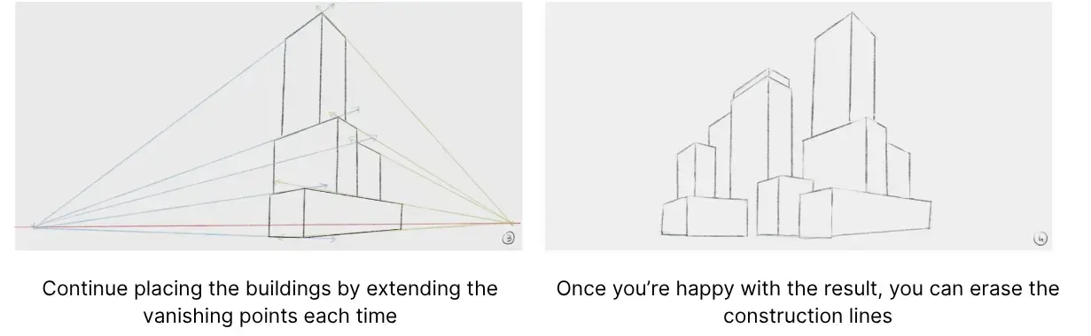 drawing of the buildings of a city in perspective