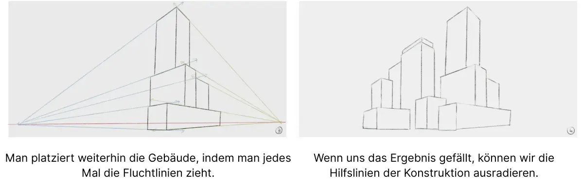 die Gebäude einer Stadt in Perspektive zeichnen